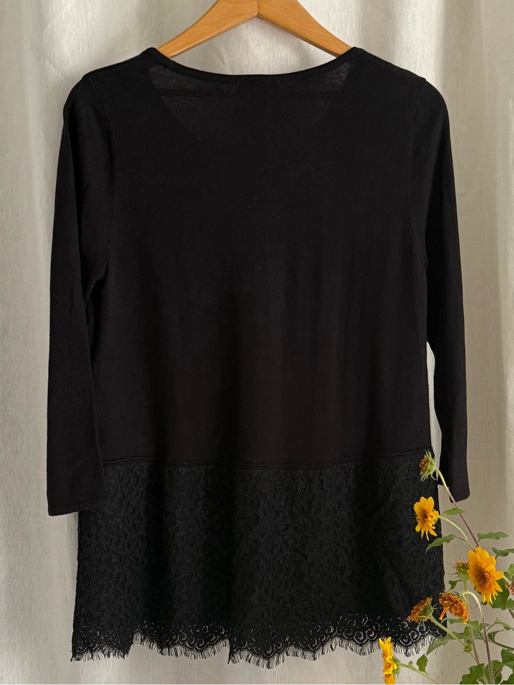 NWT LOFT Tunic Sweater Womens Large Black Lace Hem 3/4 Sleeve Cotton Knit Trim - Picture 6 of 12